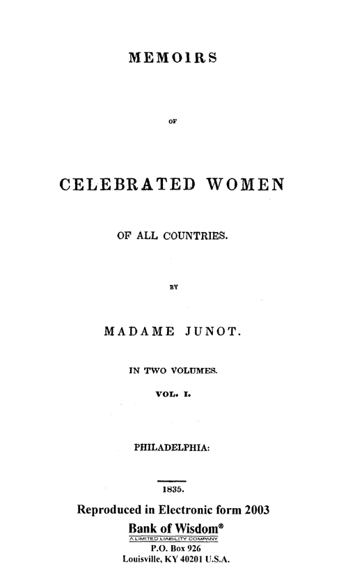 (image for) Memoirs of Celebrated Women, Vol. 1 of 2 Vols.